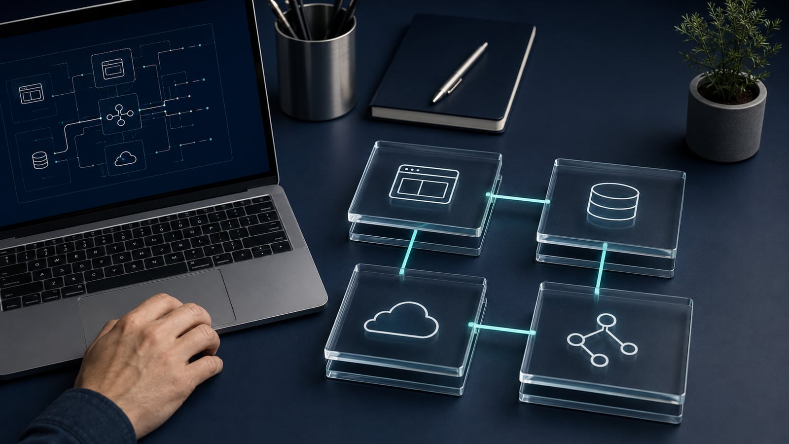 Symbolbild zur Softwarearchitektur: Anwendung, Datenbank, Cloud und Schnittstellen als vernetzte Bausteine neben einem Laptop.